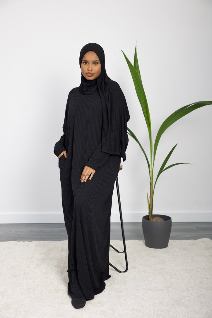 Black Ribbed Jersey Abaya - HAWAA Clothing UK